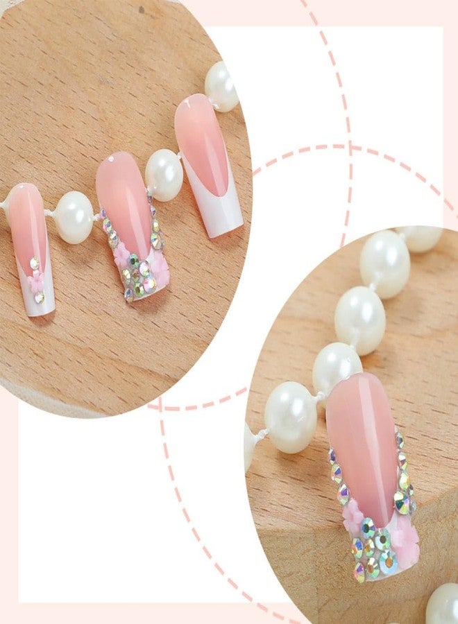 Foccna Press on Nails Pink French Fake Nails Medium Rhinestone Square Bling White Nails Glossy False Nail Tips Artificial Nails Luxury Finger Manicure for Women and Girls,24pcs (Square Nails 3) - Image 2